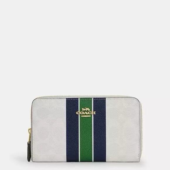 NWT COACH Medium Id Zip Wallet Signature Canvas Varsity Stripe CBO79 Gold/Chalk - Picture 2 of 7